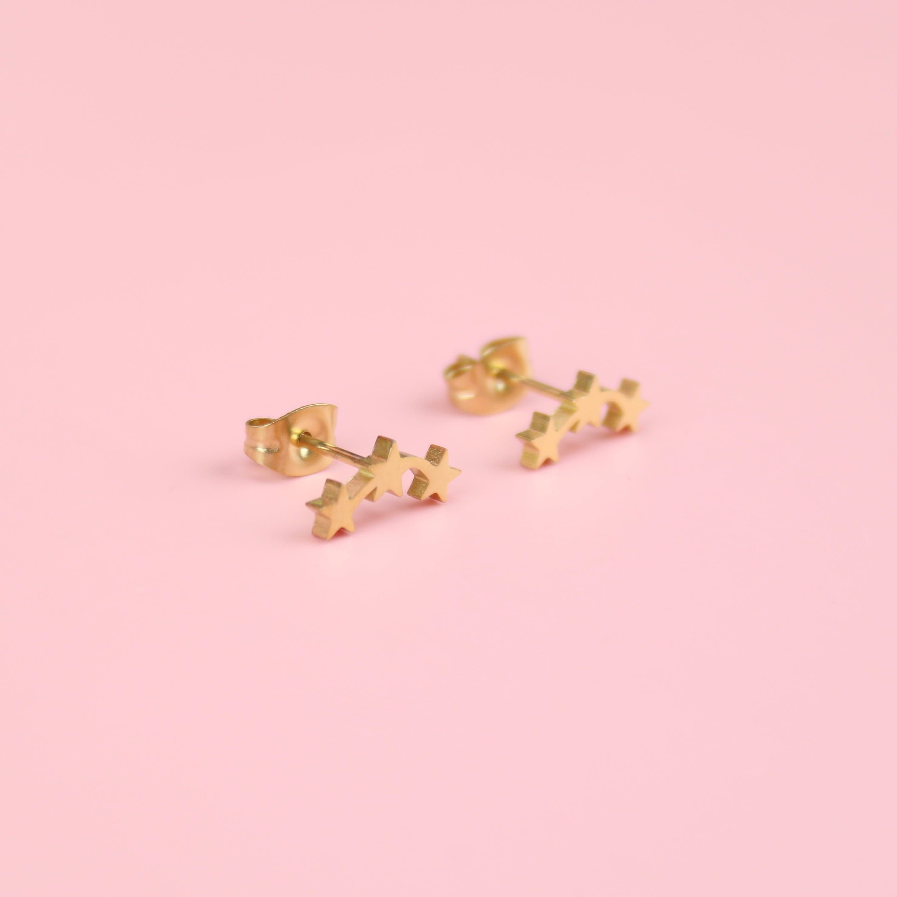 Triple Curved Star Stud Earrings (Gold Plated)